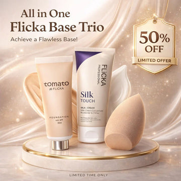 FLICKA All-in-One Base Trio – Silk Touch Primer + Tomato Foundation SPF + Beauty Blender | Flawless Makeup Bundle