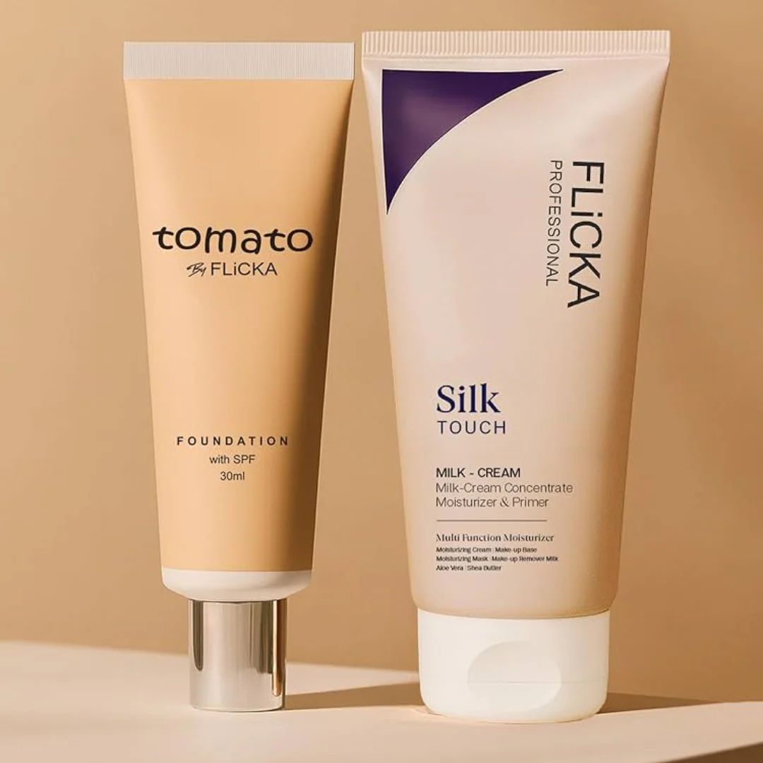 FLICKA All-in-One Base Trio – Silk Touch Primer + Tomato Foundation SPF + Beauty Blender | Flawless Makeup Bundle